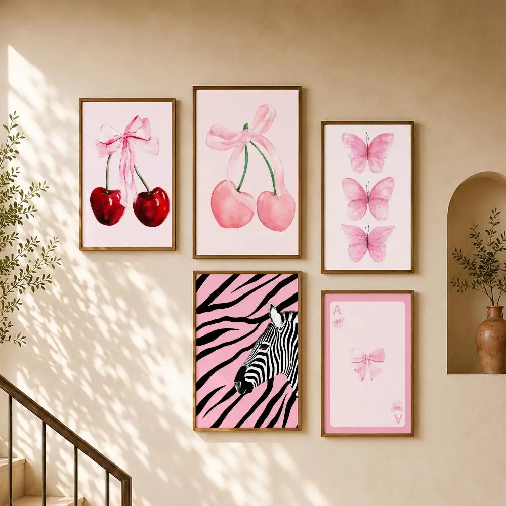 Pink Coquette Bows Cherries Butterflies Ballet Girly Aesthetic Poster Home Room Cafe Club Decor Aesthetic Art Wall Painting