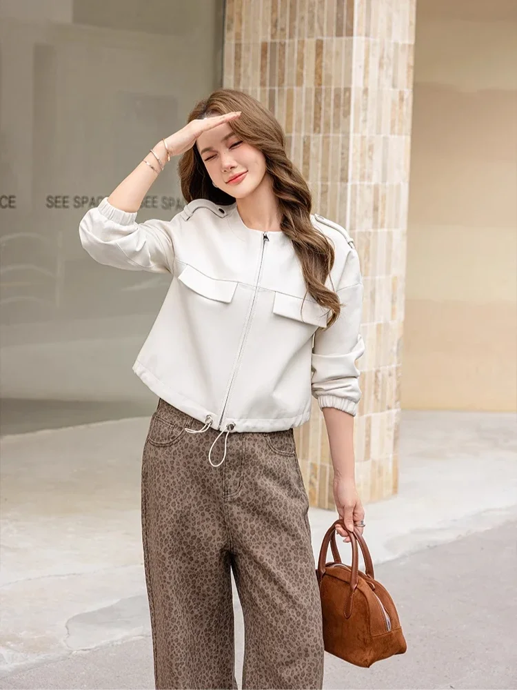 

Simple O-neck Genuine Leather Jackets for Women Spring Autumn 2026 New High-end Casual Soft Short White Real Sheepskin Coat