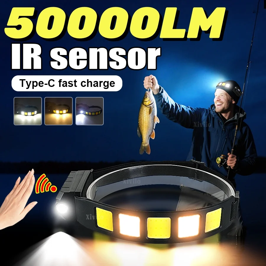 

50000LM сильный свет индукционный налобный фонарь USB перезаряжаемый аварийный фонарь для кемпинга и рыбалки COB водонепроницаемый уличный рабочий фонарь