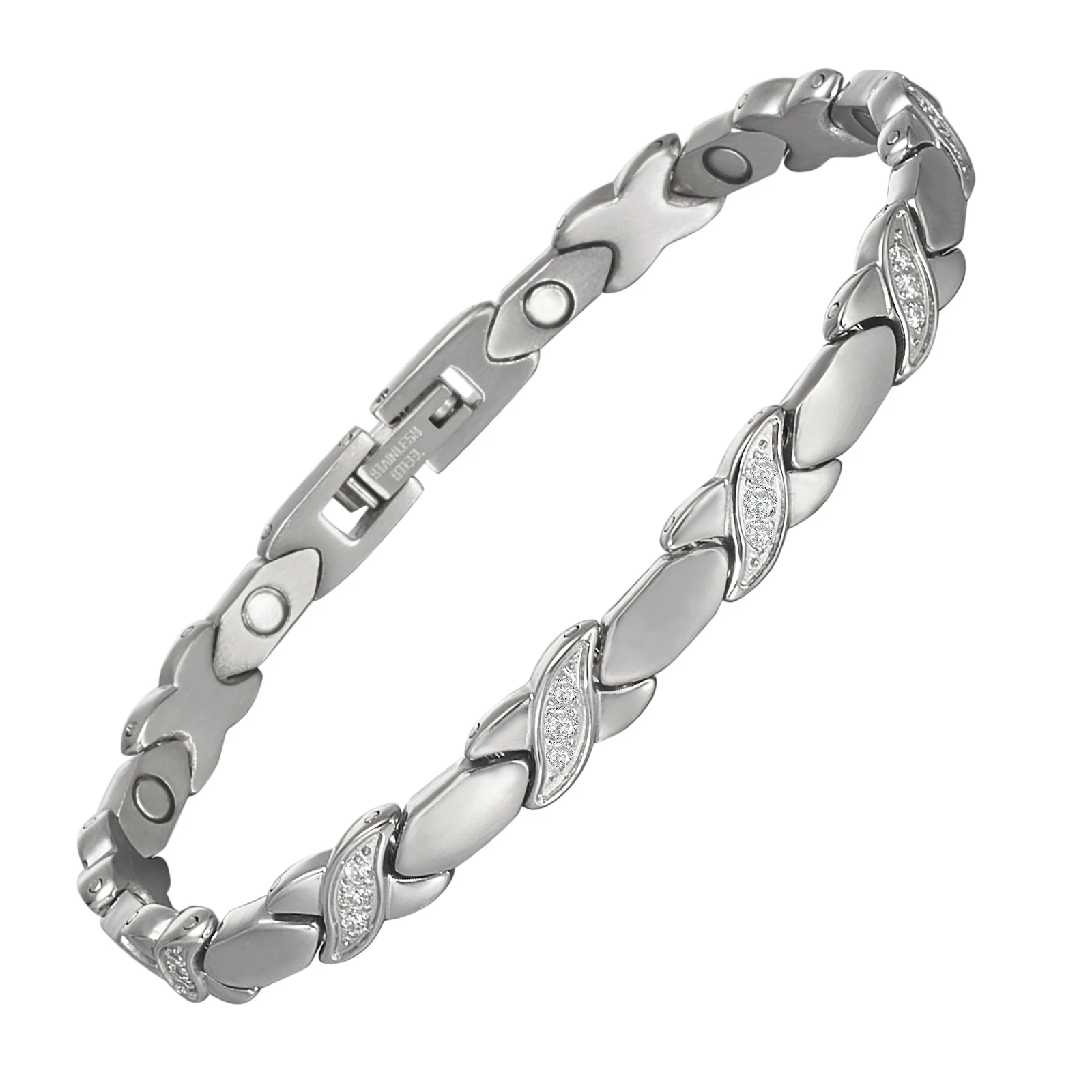 Wollet Silver Magnetic Bracelets for Women, Stainless Steel Bracelet with White Stones with Magnets, Fashion Jewelry