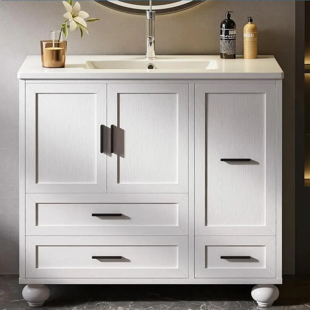 

35.5" Bathroom Vanity with Sink, Modern Bathroom Cabinet with Hair Tool Pull-Out Drawer, 4 Solid Legs, 4 Drawers, 2 Doors