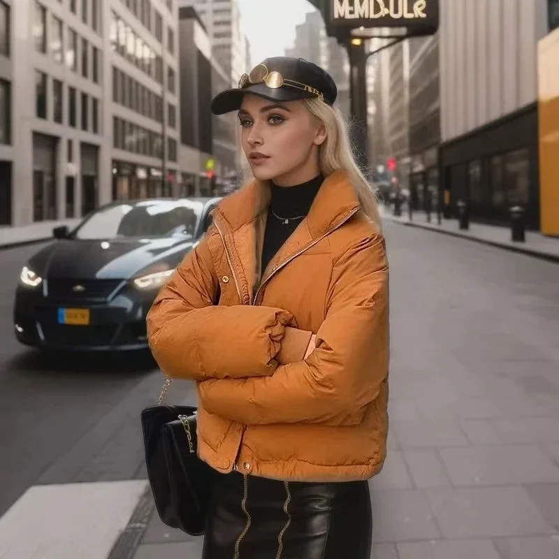 2023 New Winter Coat Women Puffer Jacket Long Sleeve Short Tops Thickened Warm Solid Color Jacket