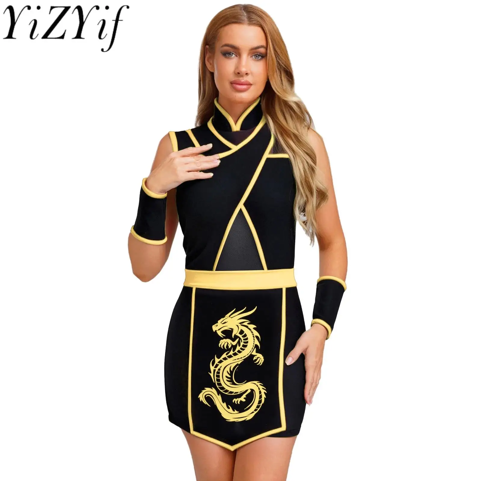 

Women Halloween Ninja Warrior Competition Cosplay Dress Dragon Print Apron And Oversleeve for Carnival Themed Party Cosplay Wear