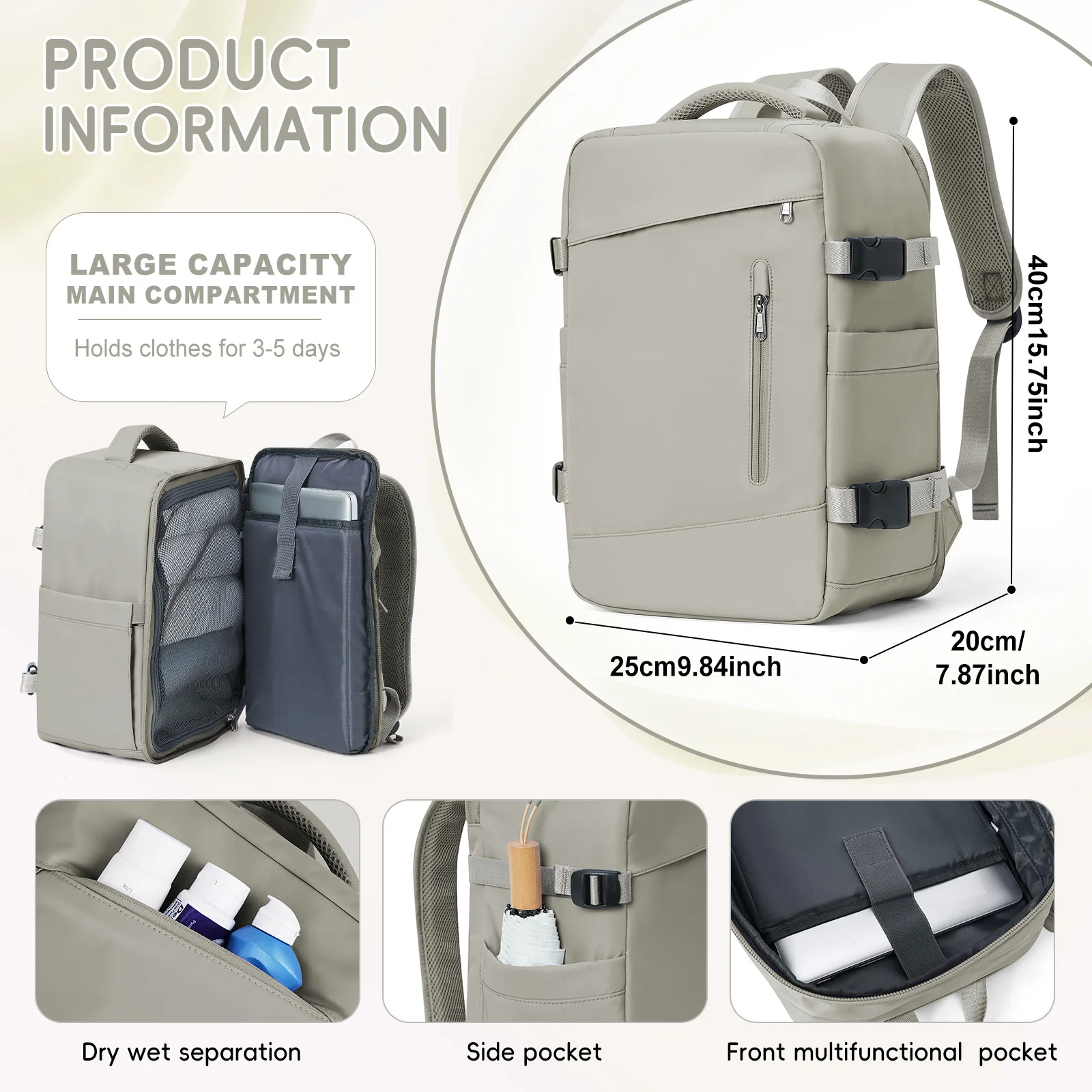 حقيبة ظهر Ryanair 40X20X25 Cabin حقيبة ظهر للأمتعة اليدوية، حقيبة ظهر للكمبيوتر المحمول، حقيبة ظهر للرحلات القصيرة للنساء والرجال، حقيبة ظهر تنفيذية #2