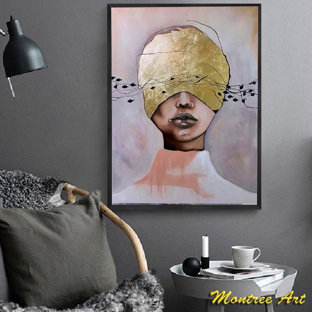 Hand Painted Oil Painting Portrait abstract girl oil painting Woman face gold artwork Original ART oil painting Powerful women