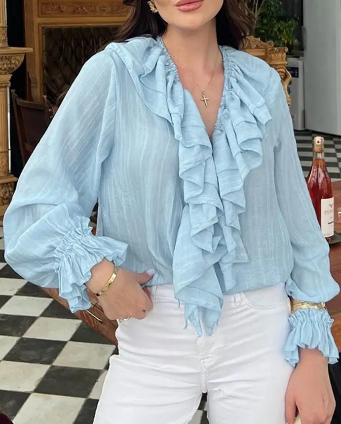 2025 Elegant Sex T-Shirts Pullover Tops Lace Up Plunge V Neck Ruffle Blouse Casual Drawstring Long Sleeve Top