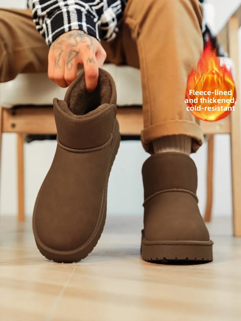 

Men's Winter Snow Boots Waterproof Leather Surface Warm Cold Resistant Thickened Bread Shoe One Step into Fur Lined Cotton Shoes