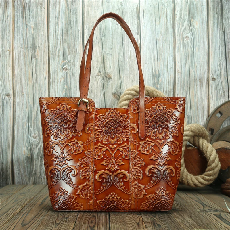 Nesitu New Flower Pattern Vintage Brown Coffee Thick Genuine Leather Women Handbags Lady Shoulder Bags Woman Totes #M113