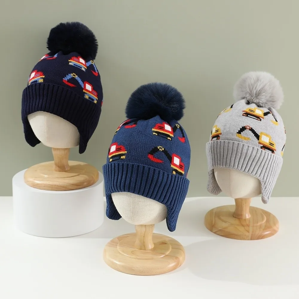 

New Warm Fleece Lining Winter Hat Excavator Print Adjustable Ear Flaps Hat Ear Protection Knitted Beanie Winter