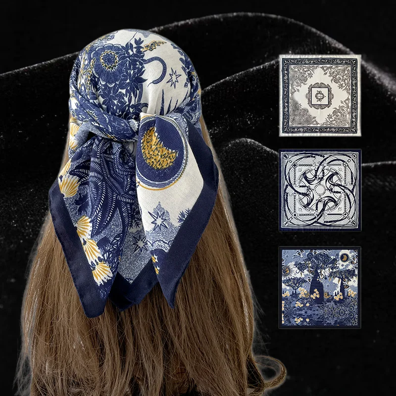 Elegant Women's Mystical Astrology Floral Print Satin Scarf Boho Head Wrap Neckerchief Multi Design Moon Star Bag Scarf