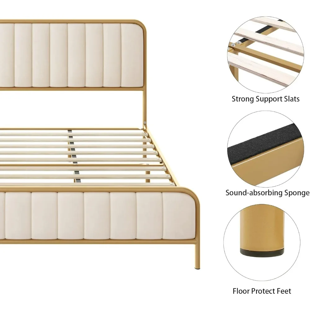 Queen Size Bed Frame with Button Tufted Headboard, Upholstered Heavy Duty Metal Mattress Foundation with Wooden Slats, Beds