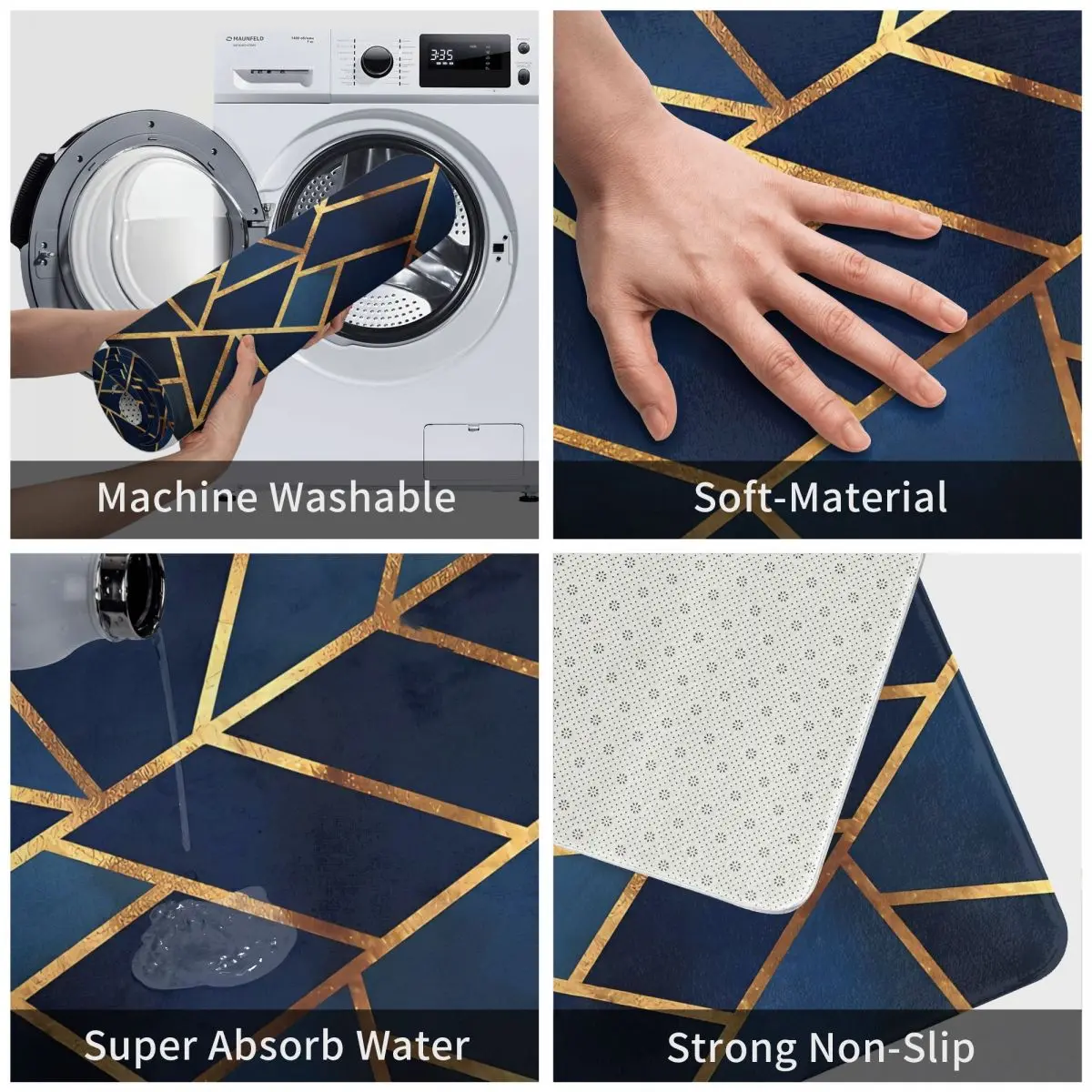 Navy Gold Stone Geometric Bath Mat Non-slip Blue Toilet Mat Quick Dry Kitchen Shower Room Floor Mat Velvet Soft Bathroom Carpet