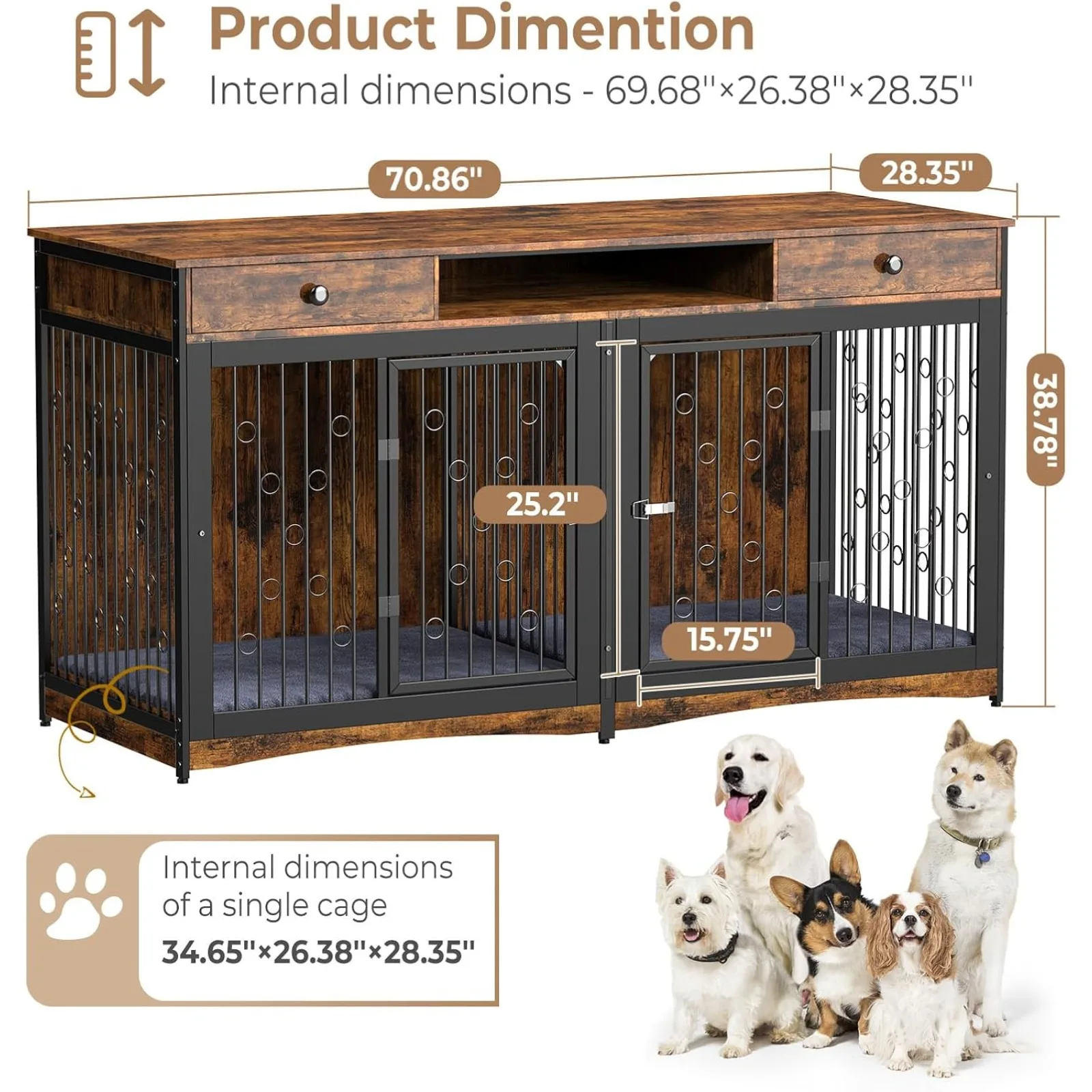 US 71'' Dog Crate Furniture for 2 Dogs, Wooden Double Dog Crate Large Breed with 2 Drawers, XXL Dog Kennel TV Stand End