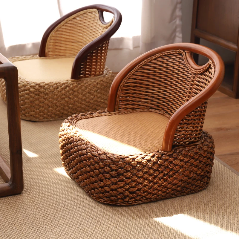 Handmade Straw&Rattan Woven Chair Japanese -style Armchair Zaisu Legless Floor Chair with Ergonomic Backrest Home Furniture