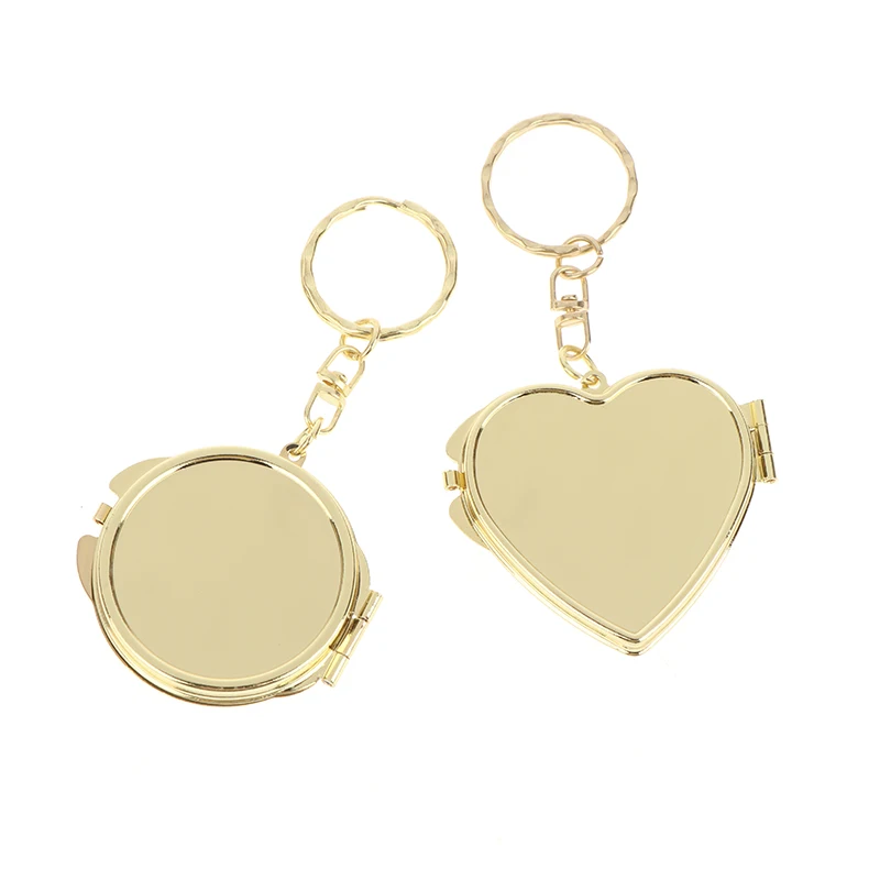Gold Mini Folding Mirror Keychain Round/Heart/Oval Square Shape Double Sided Cosmetic Mirror Keyring Makeup Mirror Women Gift