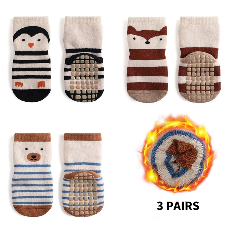 

3 Pairs Cute Animal Pattern Baby Ankle Socks Thicken Warm Soft Skin-friendy Comfortable Anti-slip Design Socks for Winter Autumn