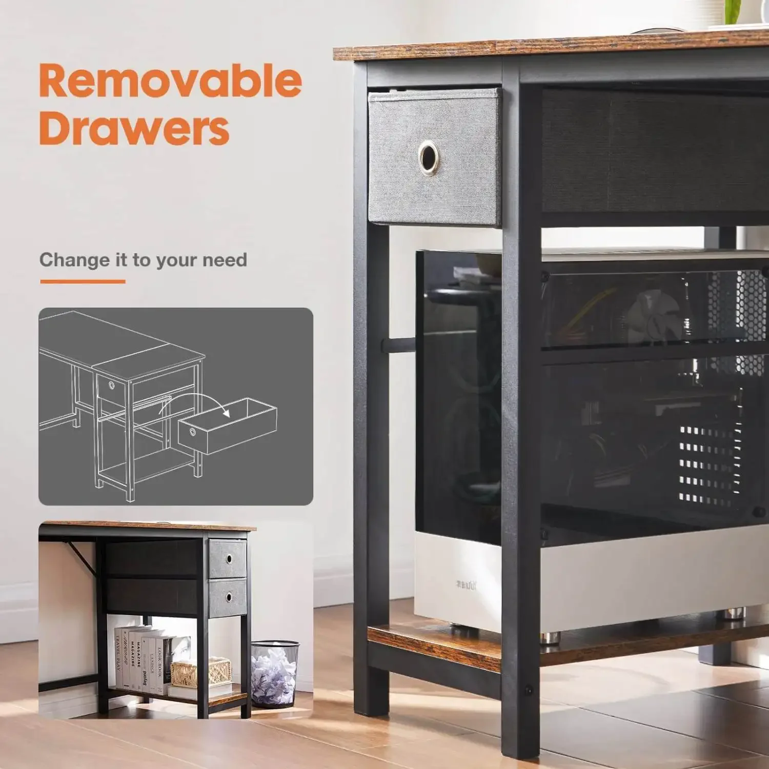 Modern Simple Style Home Office Writing Desk with 2-Tier Drawers Storage,Black Rustic,47IN desk