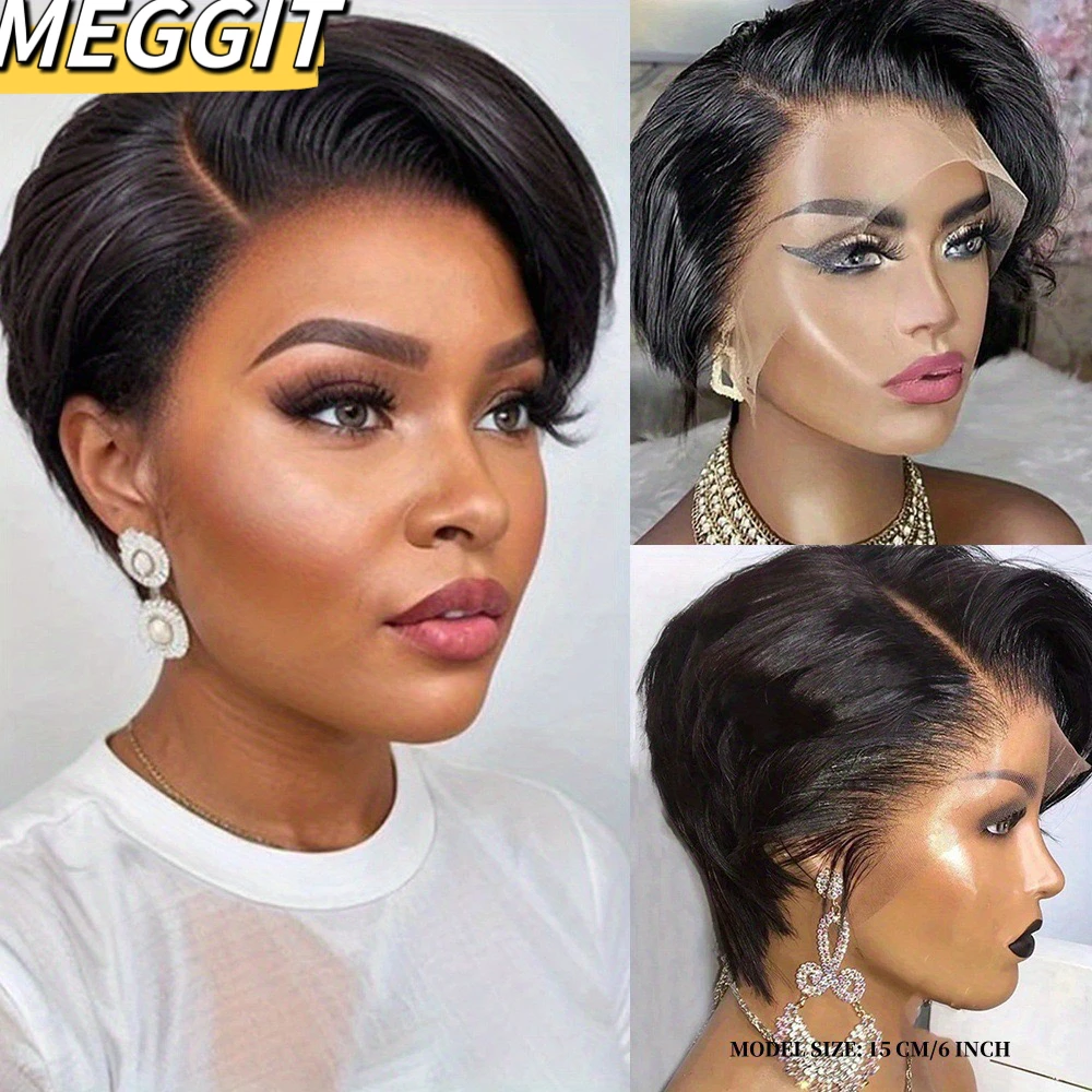 

Meggit Short Bob Wig Pixie Cut Wig Straight Human Hair Wig 13X4X1 Transparent Lace Frontal Wig for Women Highlight Straight