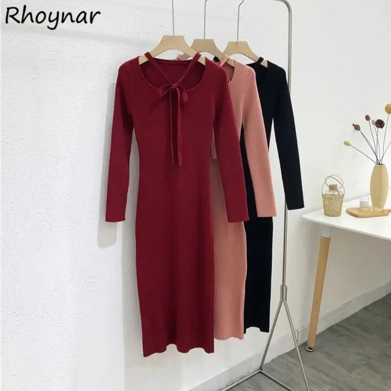 Solid Knitted Long Sleeve Dresses Women Lace-up Basic Comfortable Slim Simple Leisure Daily Mujer Korean Style Autumn Ladies