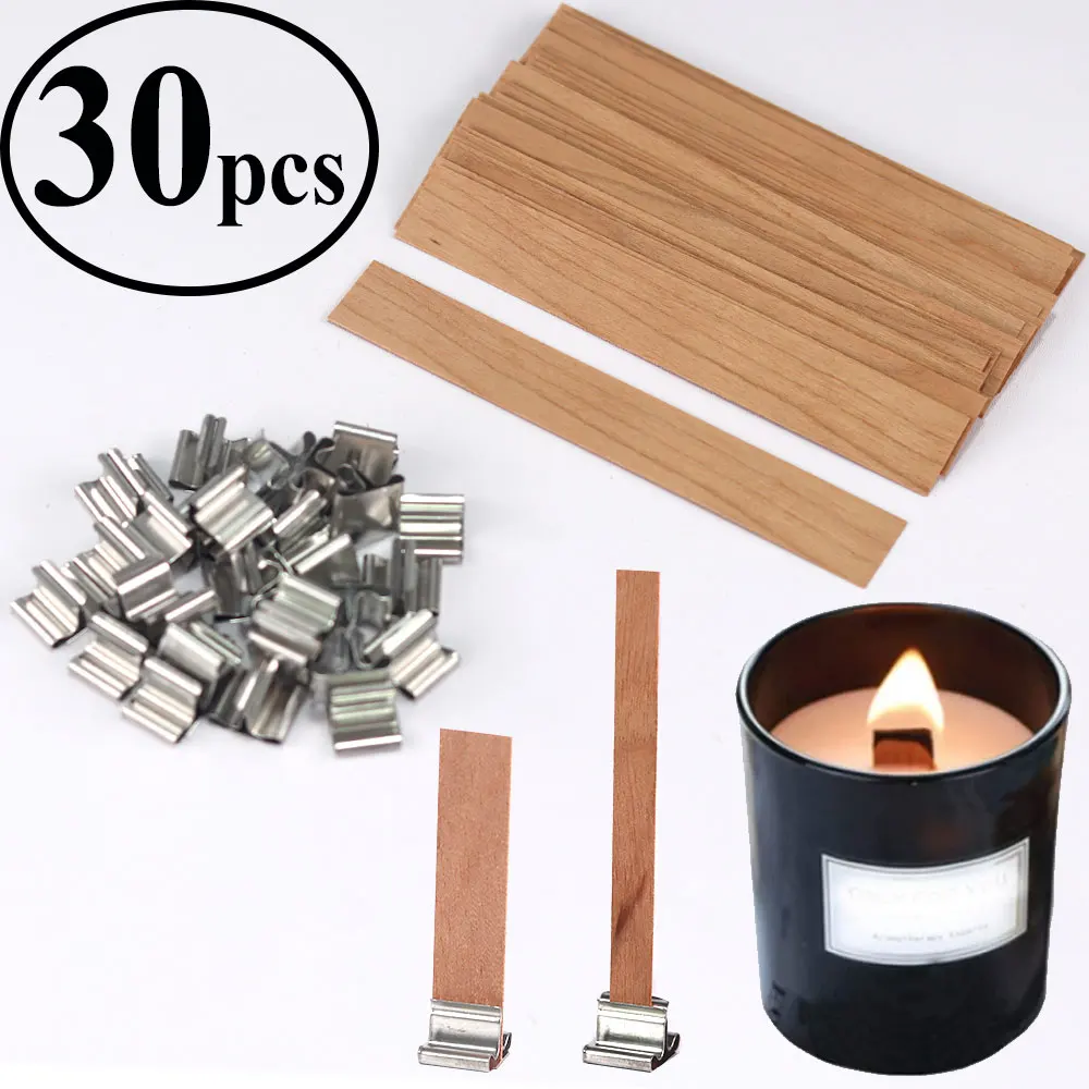 

30pcs Wooden Candles Wick for DIY Paraffin Candle Jar Making Kit Candle Core with Clip Base Handmade Smokeless Candle Wick Cores