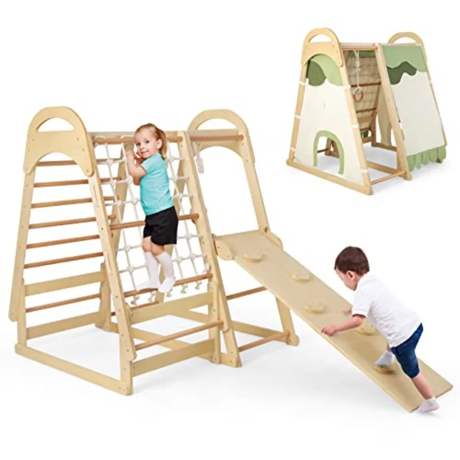 Indoor Playground 7in1 Toddler Montessori Climbing Toys Playset w Removable Tent Slide Climbing Rock Net and Ladder Monkey Bars