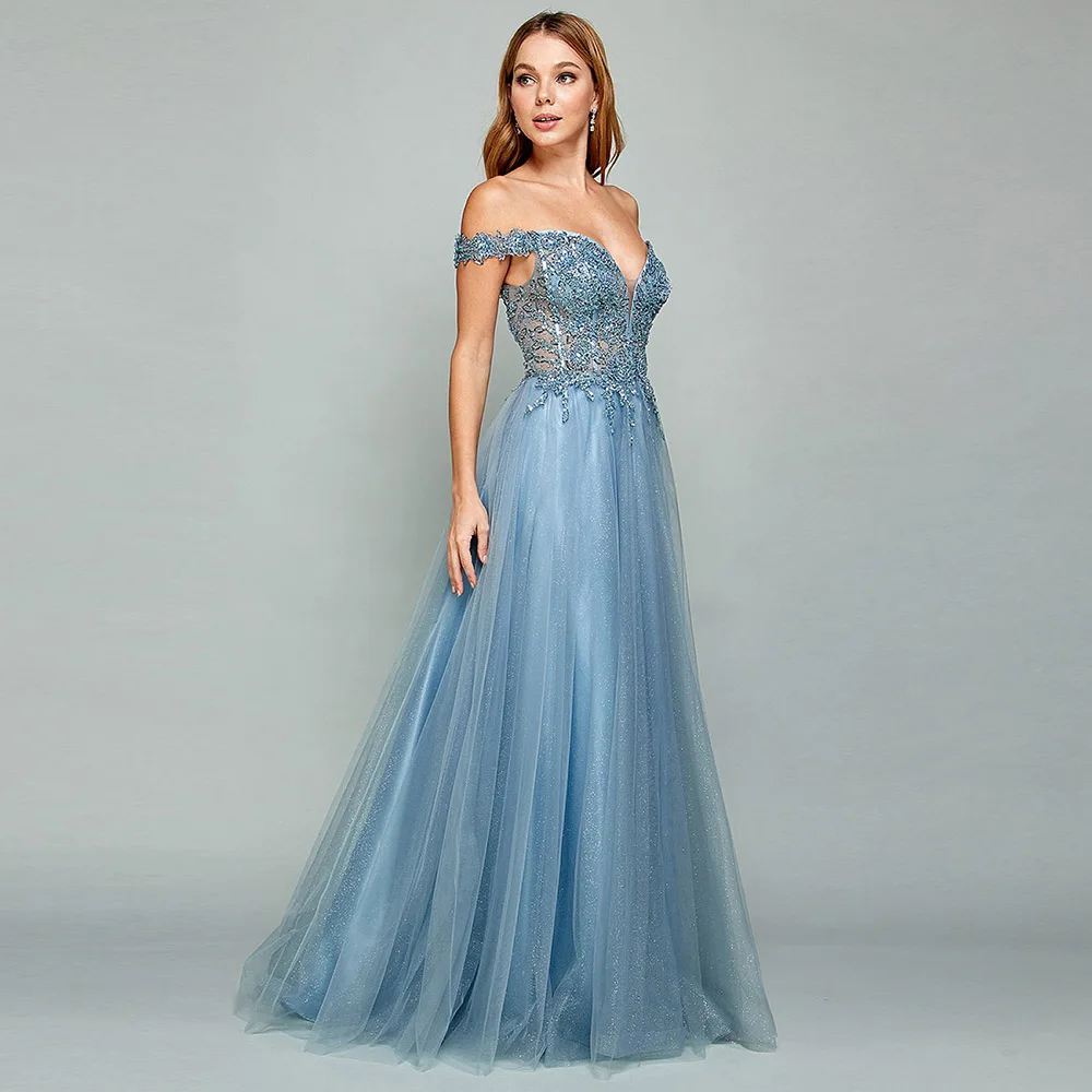 YQLNNE Pretty Dusty Blue Long Prom Dresses Off Shoulder Beaded Tulle Sequins Back Zipper Formal Women Party Gown