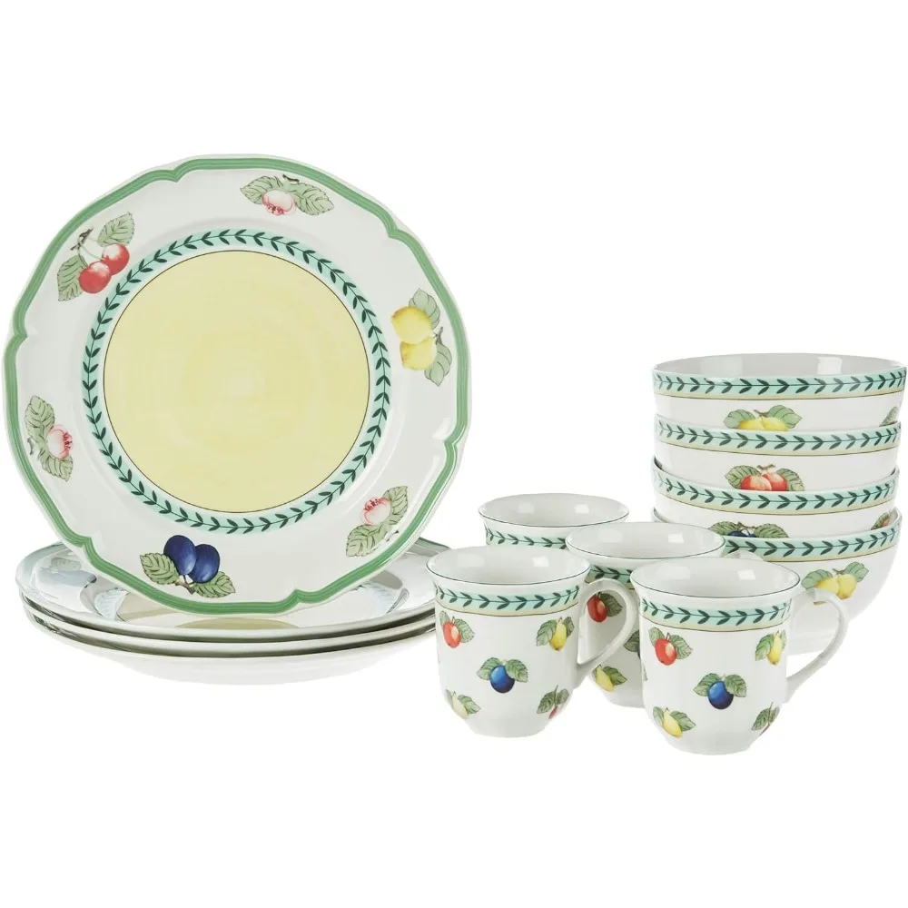 

French Garden 12-Piece Dinnerware Set, Service for 4, Plates, Bowls & Mugs, Premium Porcelain, Made in Germany