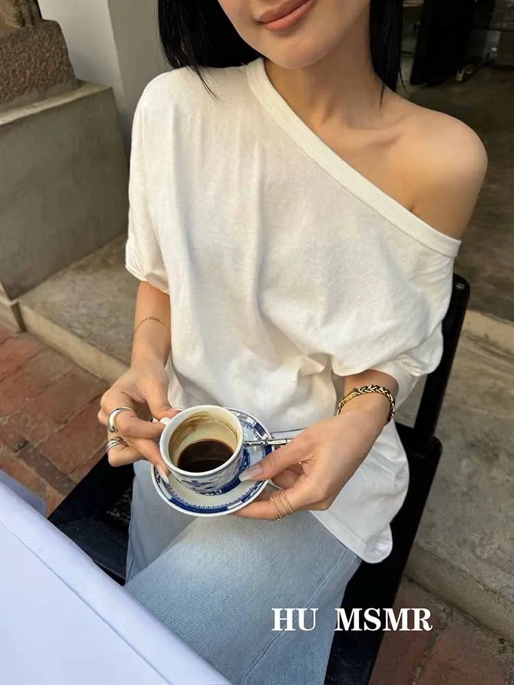 

Spring Summer New Korean Sle mat Versatile Slim Fit Asymmetrical Loose Large Collar oulder Bared ort Sve T ...