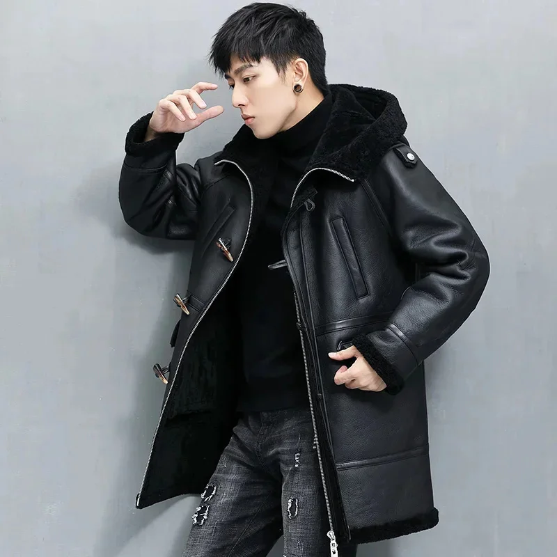 Winter Original Ecological Shearling Coat Long Type Hooded Genuine Leather Jacket Sheepskin and Fur Thick Overcoat Men Clothing