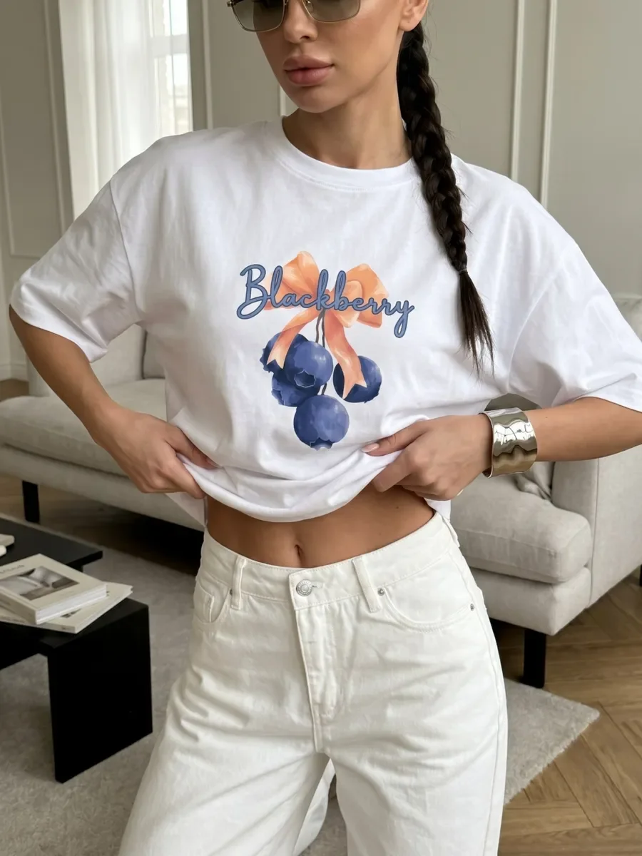 American Ins Aesthetic Fruit Berry Species Pattern T-shirt Fashionable Fruit Lovers Personality Cute Y2K Streetwear Niche Tops