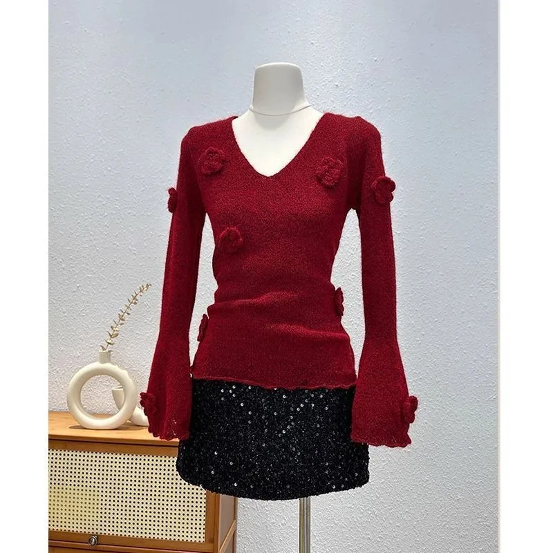 تصميم غربي عصري محبوك المرأة الخريف الشتاء أنيقة جرس كم سترة الخامس الرقبة الأعلى