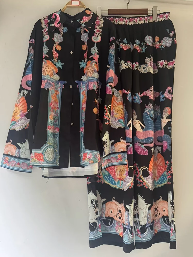 レトロ幾何学模様プリントストレートレッグ長袖シャツとルーズワイドレッグパンツのツーピースセット、秋のレディースファッション