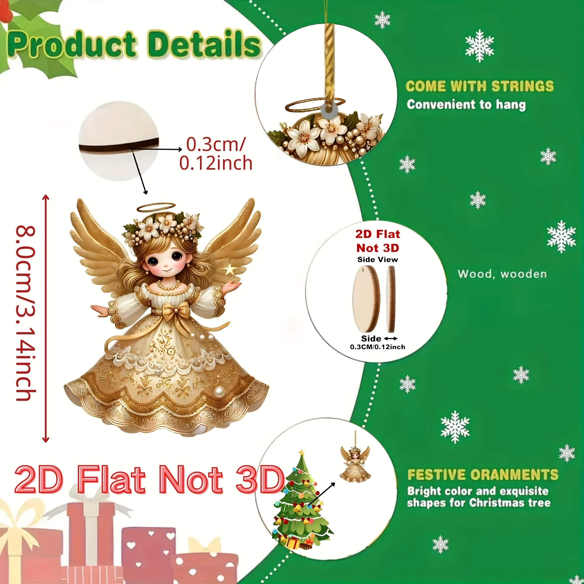 12 قطعة من الحلي المعلقة لعيد الميلاد ثنائية الأبعاد من الملائكة الذهبية الصغيرة لتزيين العطلة صندوق هدايا ديكور شجرة عيد الميلاد