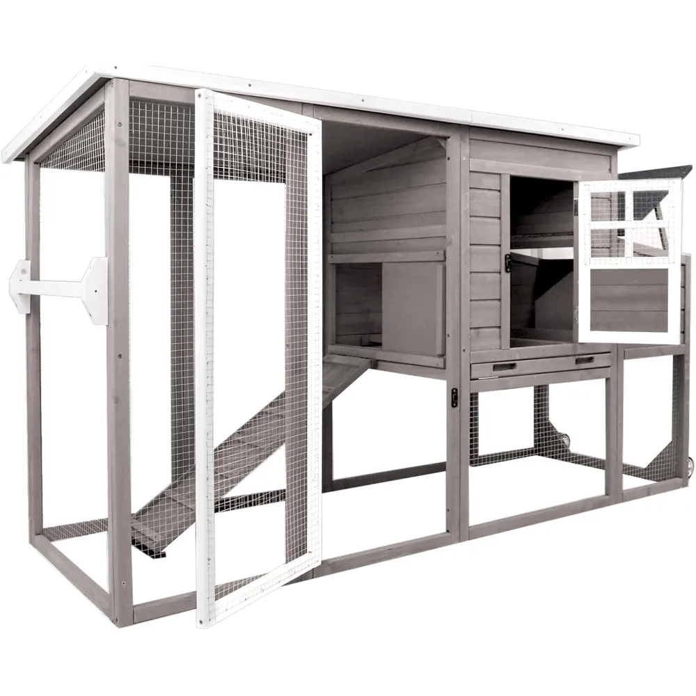

Chicken Coop Solid Wood with Large Run Cage 2 Stories - Asphalt Roof, Nest Box, Pu Wheels, Pole Chicken Perch