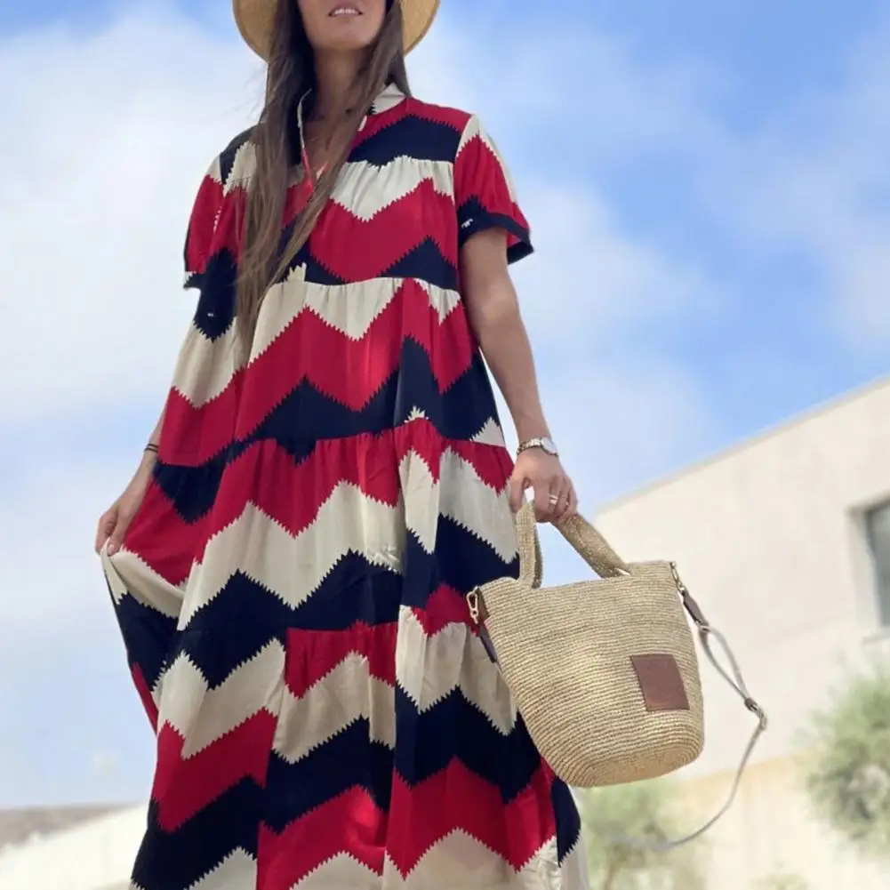 Bohemian Style Shirt Collar Print Women's Midi Dress Large Hem Short Sleeved Dress Long Skirt Ruffle Stitching Beach Dress