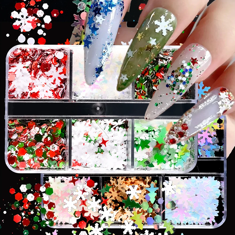 6Grids/box Christmas Winter Snowflake Glitter Flakes 3D Star Red Green Glitter Snowflakes Manicure Christmas Snowflake Flakes