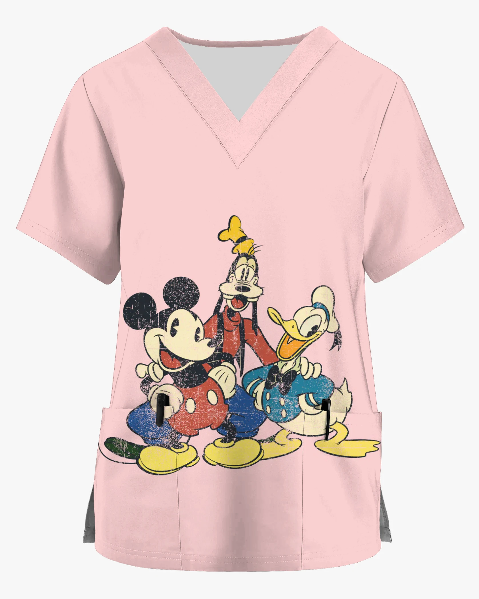 Disney-camisa de bolsillo con estampado de Mickey y Minnie para hombre y mujer, Top de manga corta con cuello en V, uniforme de trabajo para enfermería en casa