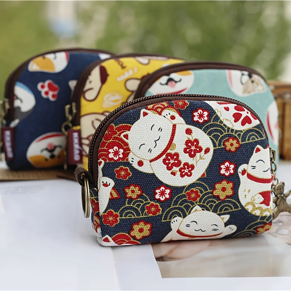 Women's Canvas Cartoon Prints Keychain Wallet Small Card Organizer Key Pouch Ladies Money Bag Coin Purse for Children Girls Boys