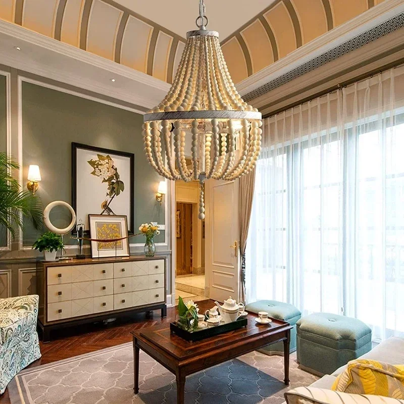 Nordic Creative Circular Wooden Bead LED Chandelier Living Room Hotel Kitchen Retro Attic E27 Pendant Lamp Indoor Lighting Decor