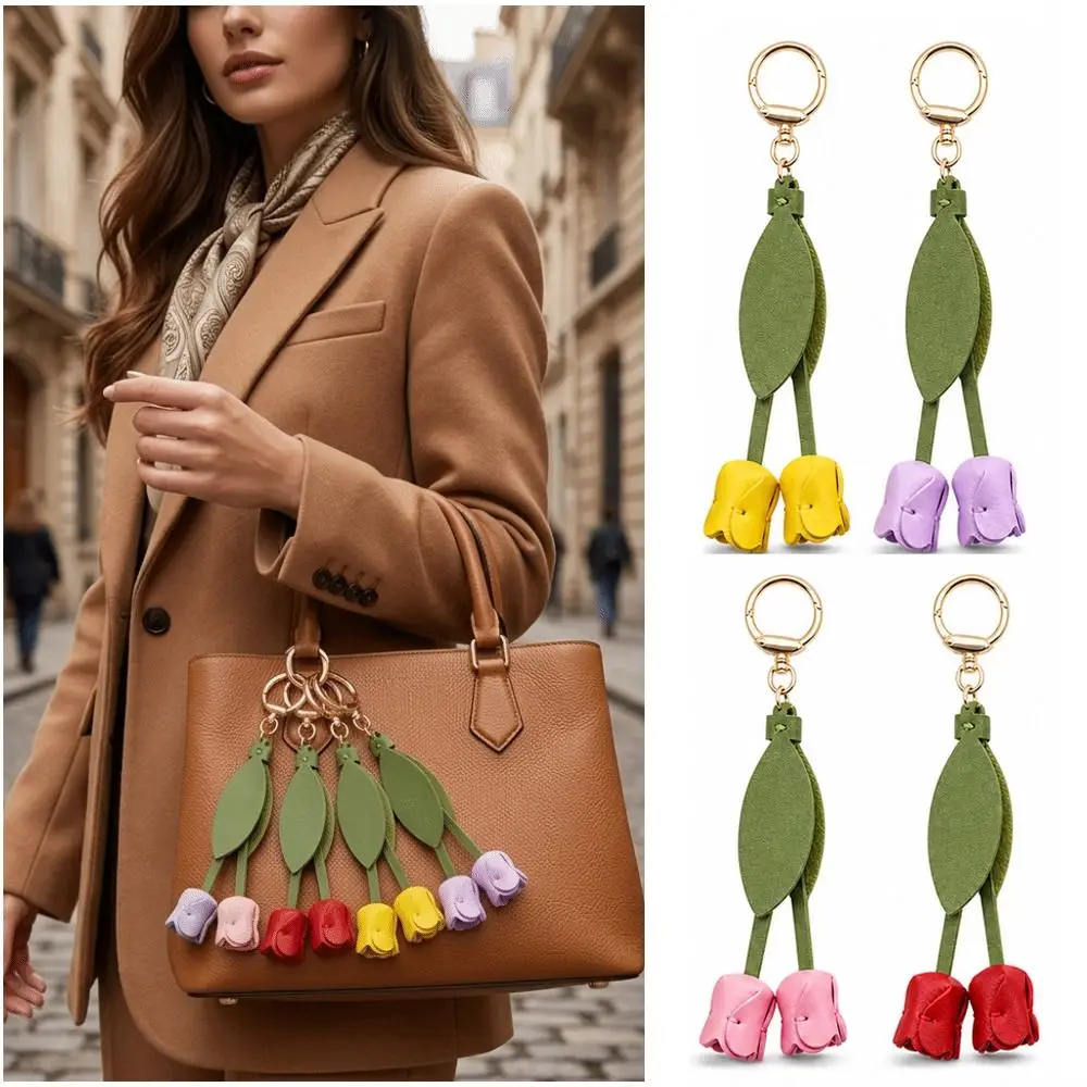 PU Leather Tulip Bag Pendant Handmade Hanging Tulip Keychain DIY Jewelry Metal Chain Car Key Ring Handbag Decor Accessories