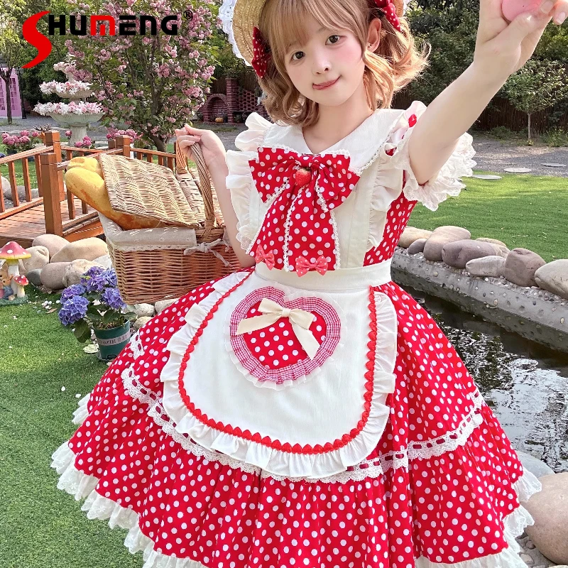 

Japanese Sweet Kawaii Maid Lolita Dress Doll Collar Puff Sleeve Lace-up Bow Heart Splicing Apron White Dot Cute Midi Dress Women
