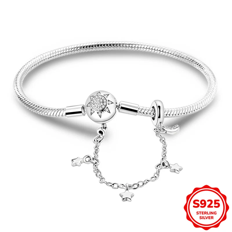 

925 Sterling Silver Bracelet 17-20CM Sun Moon Stars Safety Chain Snake Bone Chain Bracelet Fit Charms Bead Fashion Women Jewelry