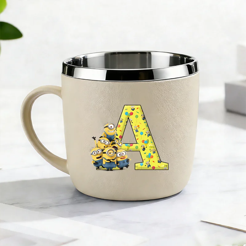 Minionses Stainless Steel Water Bottle Cartoon A-Z Letter Toothbrush Cups Simple Kawaii Anime Water Cup Boys Girls Birthday Gift