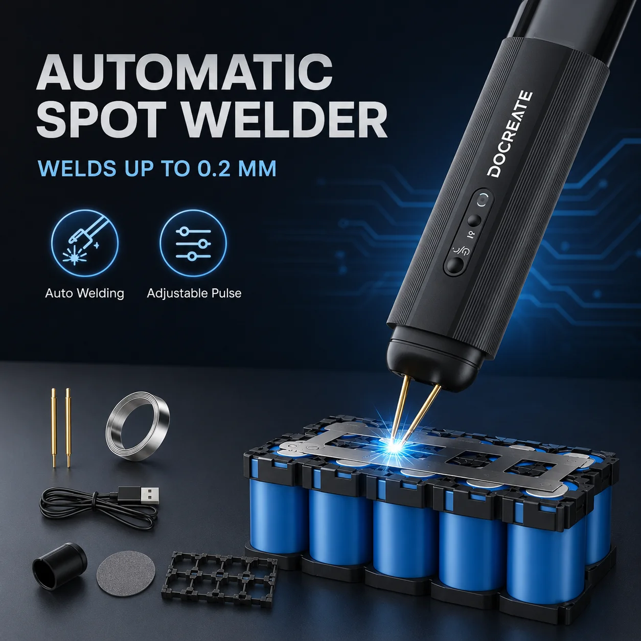 DOCREATE Handheld Battery Spot Welder With 1.3 Inch Color Screen, Auto Manual Modes, 99 Levels, 800A Output For 0.2mm Nickel