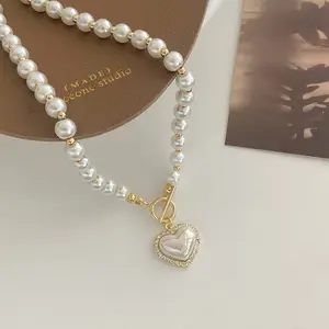 White imitation pearl bead necklace women crystal stone heart pendant Cute Girl Jewelry necklace collier femme 8 Main Sales Necklace Heart - №8