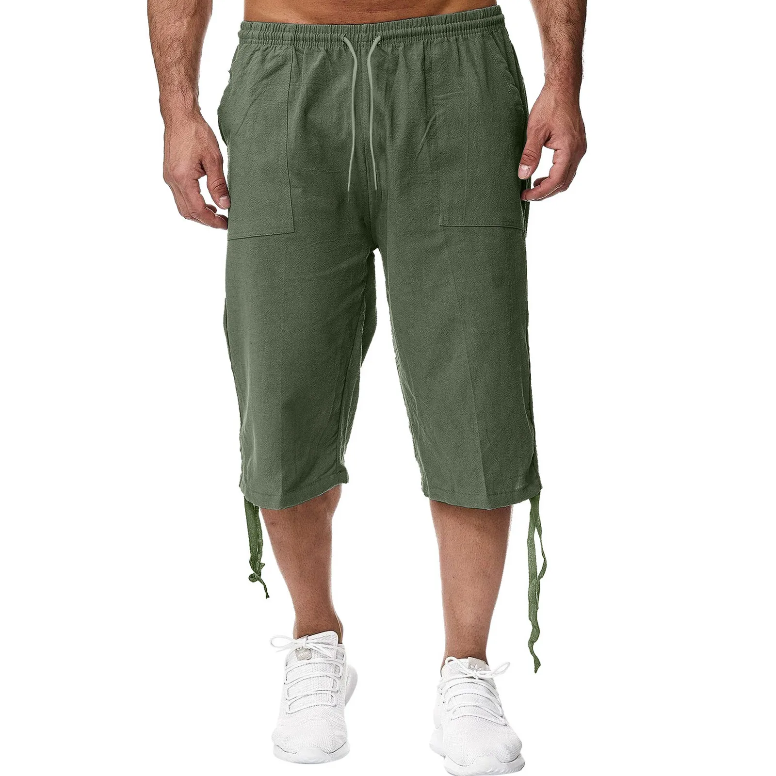 Pantalones recortados para hombre, pantalón holgado informal con cordón lateral, cintura elástica, pantalones de lino de imitación, Verano