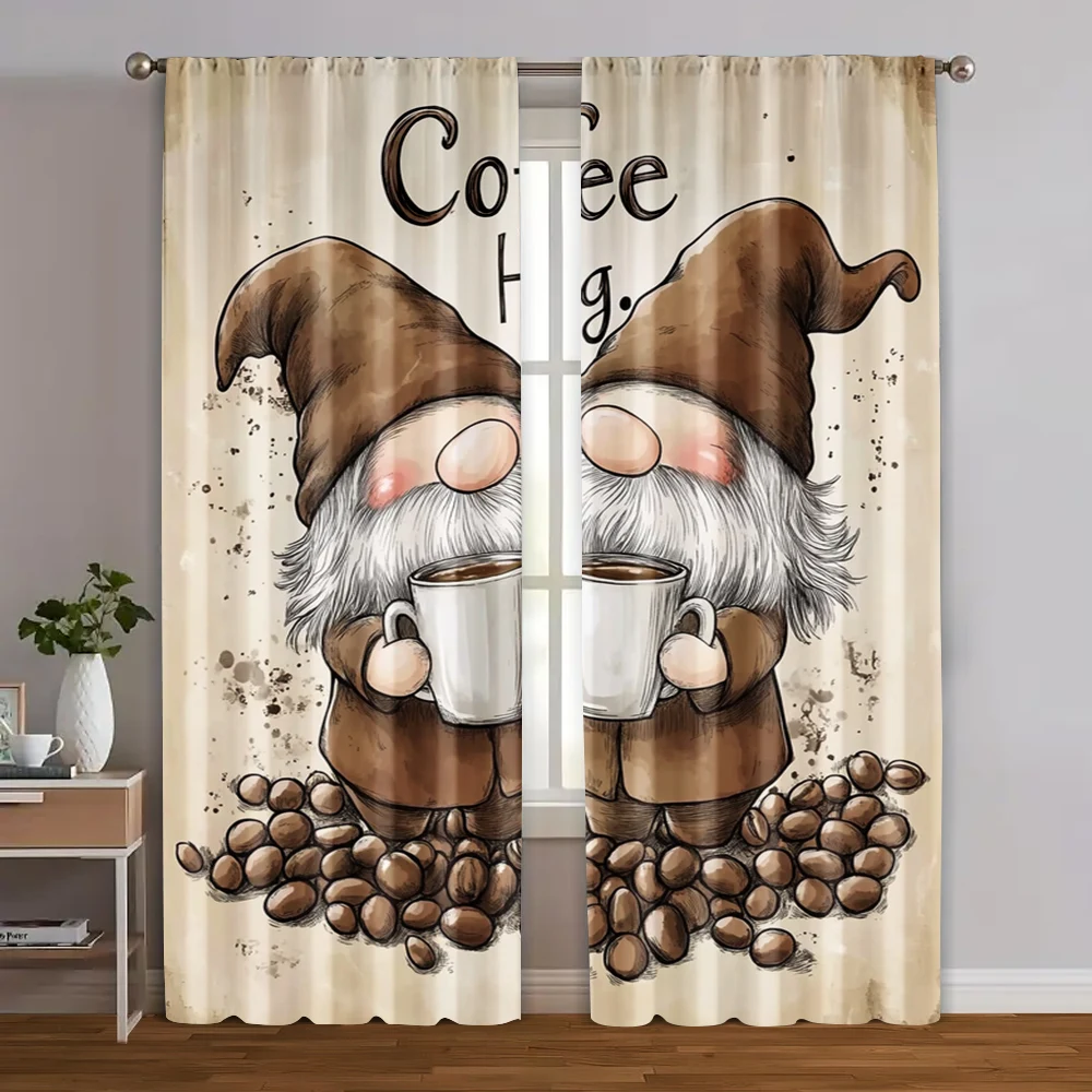 

2pcs, Light Filtering Curtains Coffee Gnome Versatile Durable Polyester (without rod) Gifts Perfect for Living Room, Bedroom,