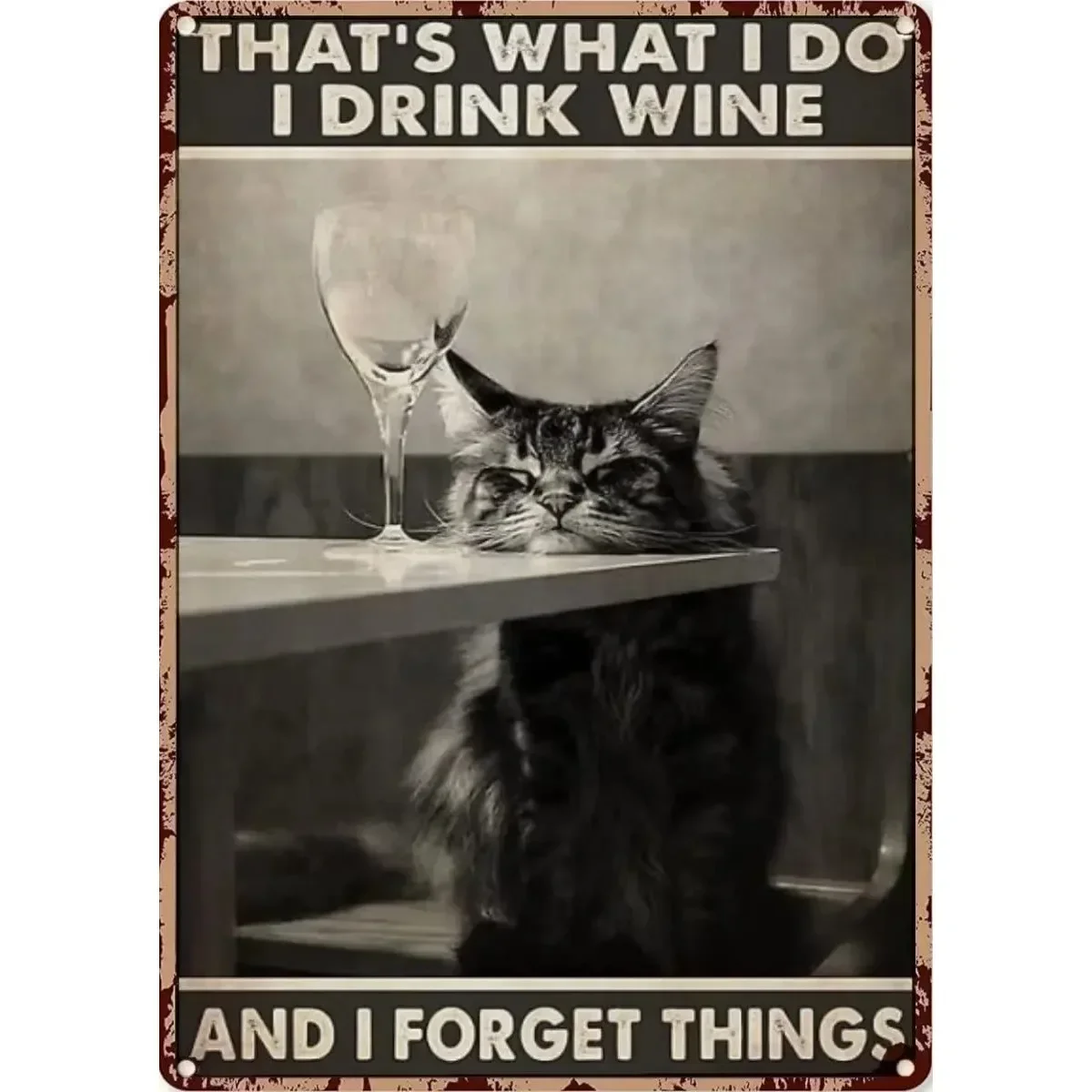 Cartel de chapa de Metal Vintage de gato Maine Coon, eso es lo que hago, bebo vino y olvides cosas, póster artístico, gente de oficina escolar