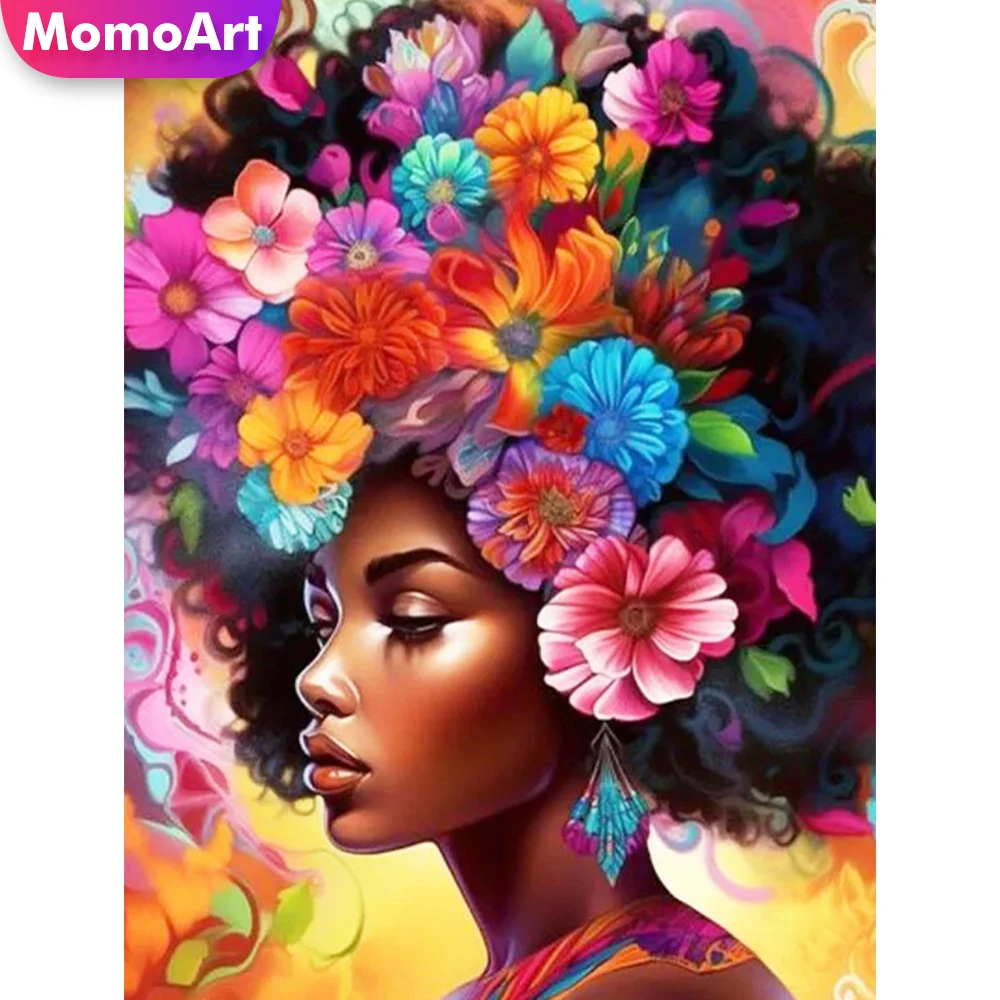 MomoArt New Arrival Diamond Mosaic Black Woman Embroidery Portrait Cross Stitch Craft kit Painting Daisy Flower Wall Art