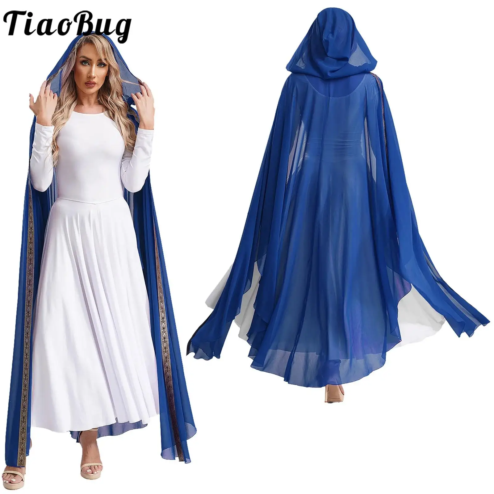 Womens Sheer Mesh Hooded Cloak Long Robe Halloween Cosplay Medieval Long Cape Loose Fit Mage Witchcraft Wicca Robe Muslim Gown